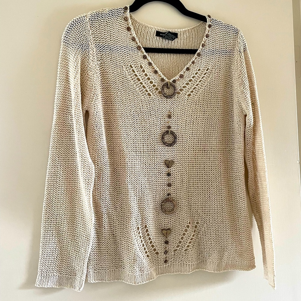 BCBGMaxAzria Beaded Open Knit Mesh V-Neck Sweater Cream M Boho Charms